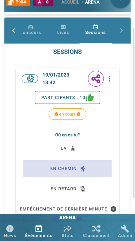 illustration d'une session proposer de volley sur trickymatch et indication du status de dernière minute du joueur.