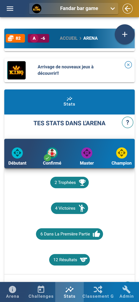 statistiques sur trickymatch avec notamment le niveau du joueur, le nombre de matchs perdus et gagnés.