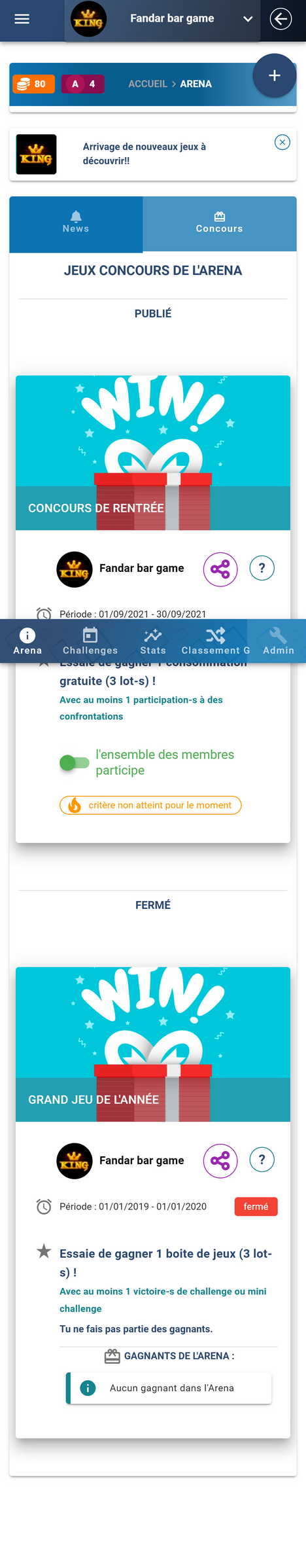 image du service de jeu-concours, montrant le cas d'un joueur ayant gagné. 