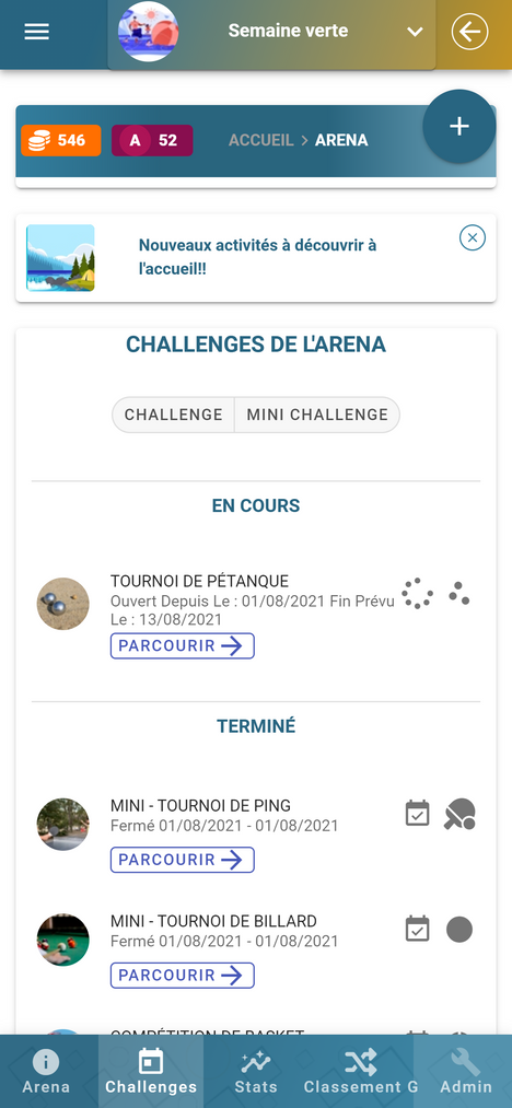 Agenda des challenges de l'Arena dont tournoi de pétanques, tournoi de pingpong tournoi de billard.